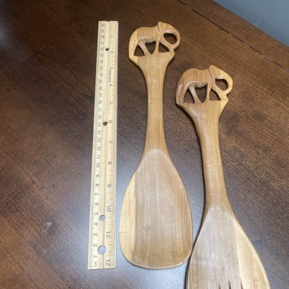 AFRICAN HAND CARVED KENYAN OLIVE WOOD ELEPHANT SALAD SERVERS 2PC SET 12